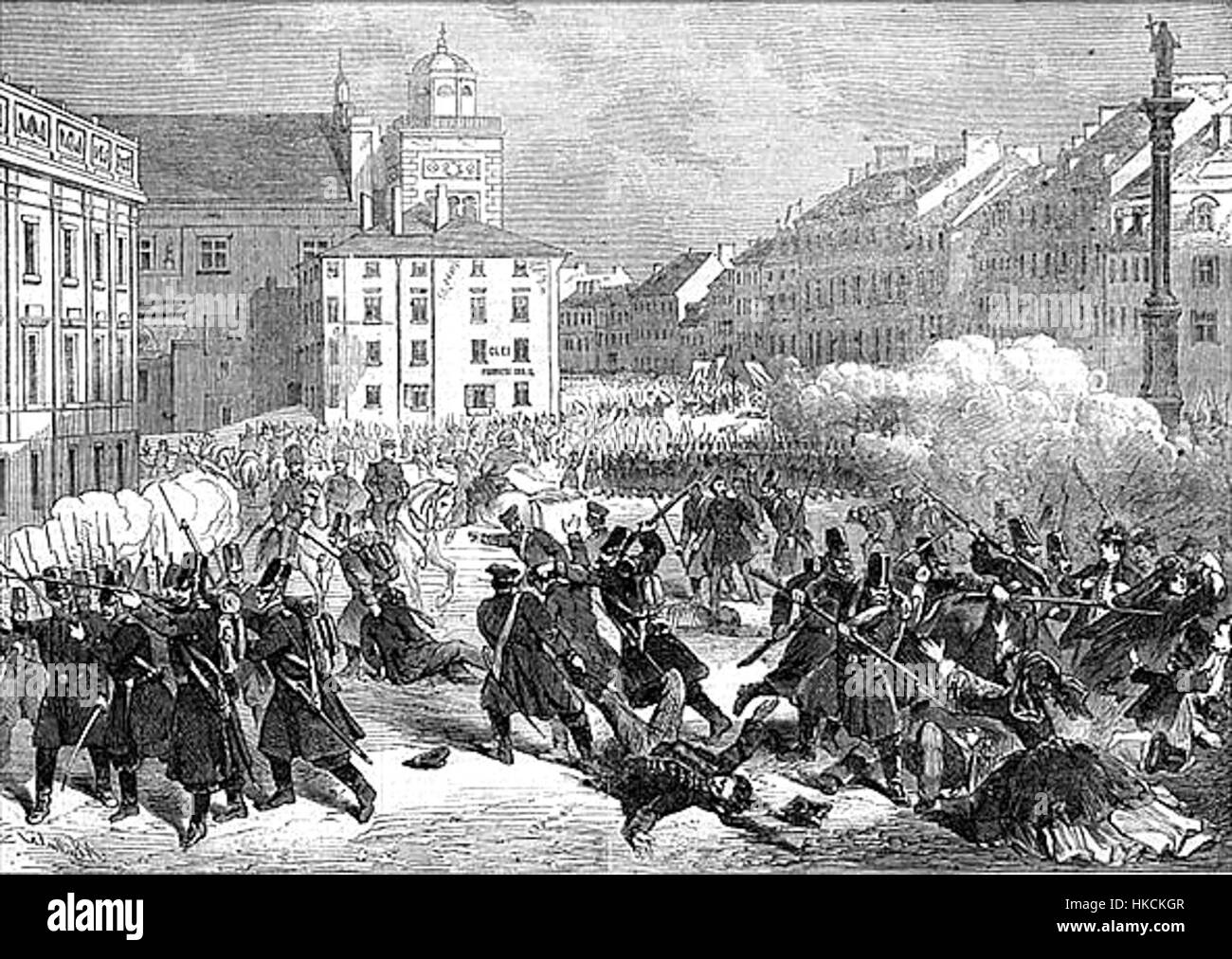 Questo dipinto raffigura l'esercito russo che attaccò i civili polacchi a Varsavia nel 1861, catturando un momento storico e violento nella storia europea, conservato in forma artistica. Foto Stock