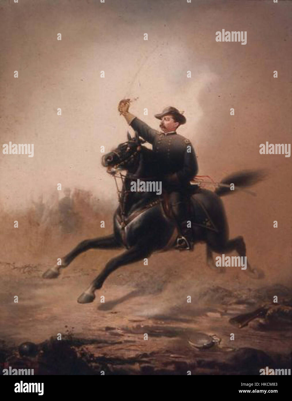 "Sheridan's Ride" di Thomas Buchanan Read cattura un momento drammatico durante la guerra di secessione americana, in cui il generale Sheridan sale in prima linea per radunare le sue truppe. Questo dipinto ritrae l'intensità e l'emozione della battaglia, riflettendo l'eroismo della leadership del generale Sheridan durante un momento cruciale nella storia militare degli Stati Uniti. Foto Stock