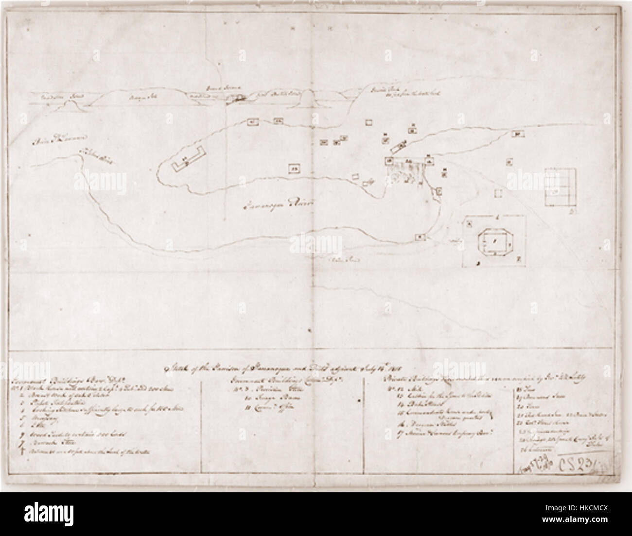 Questo schizzo del 1815 raffigura la guarnigione di Gananoque, che mostra la vita militare durante un momento chiave della storia. Lo schizzo dettagliato fornisce informazioni sull'abbigliamento e l'equipaggiamento dei soldati durante quell'epoca. Foto Stock