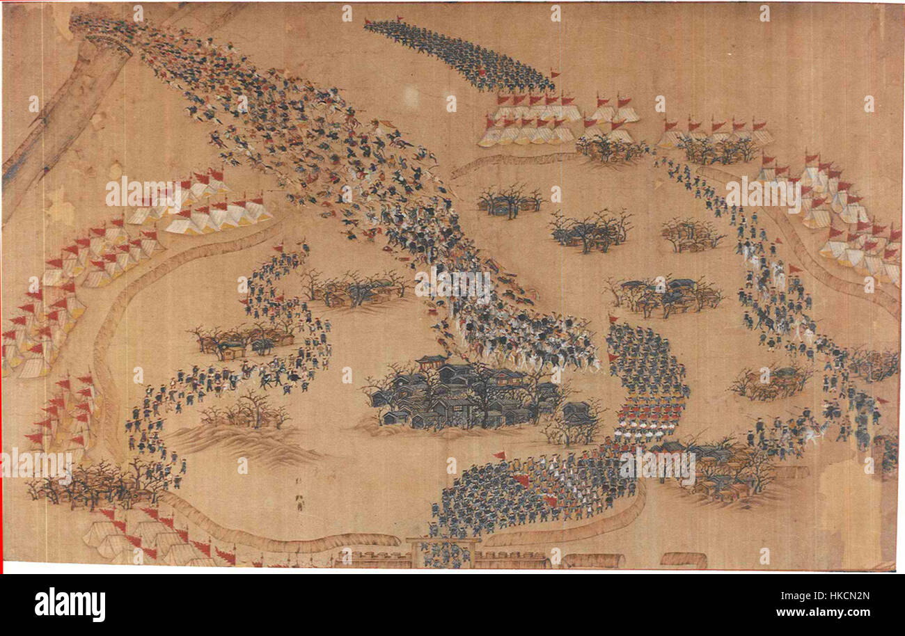 Questo dipinto illustra le forze della ribellione Taiping cacciate da Yuzhuang, un'importante azione militare durante il conflitto della metà del XIX secolo in Cina. La scena di battaglia cattura il caos e l'intensità della rivolta, segnando un momento cruciale nella storia cinese. Foto Stock