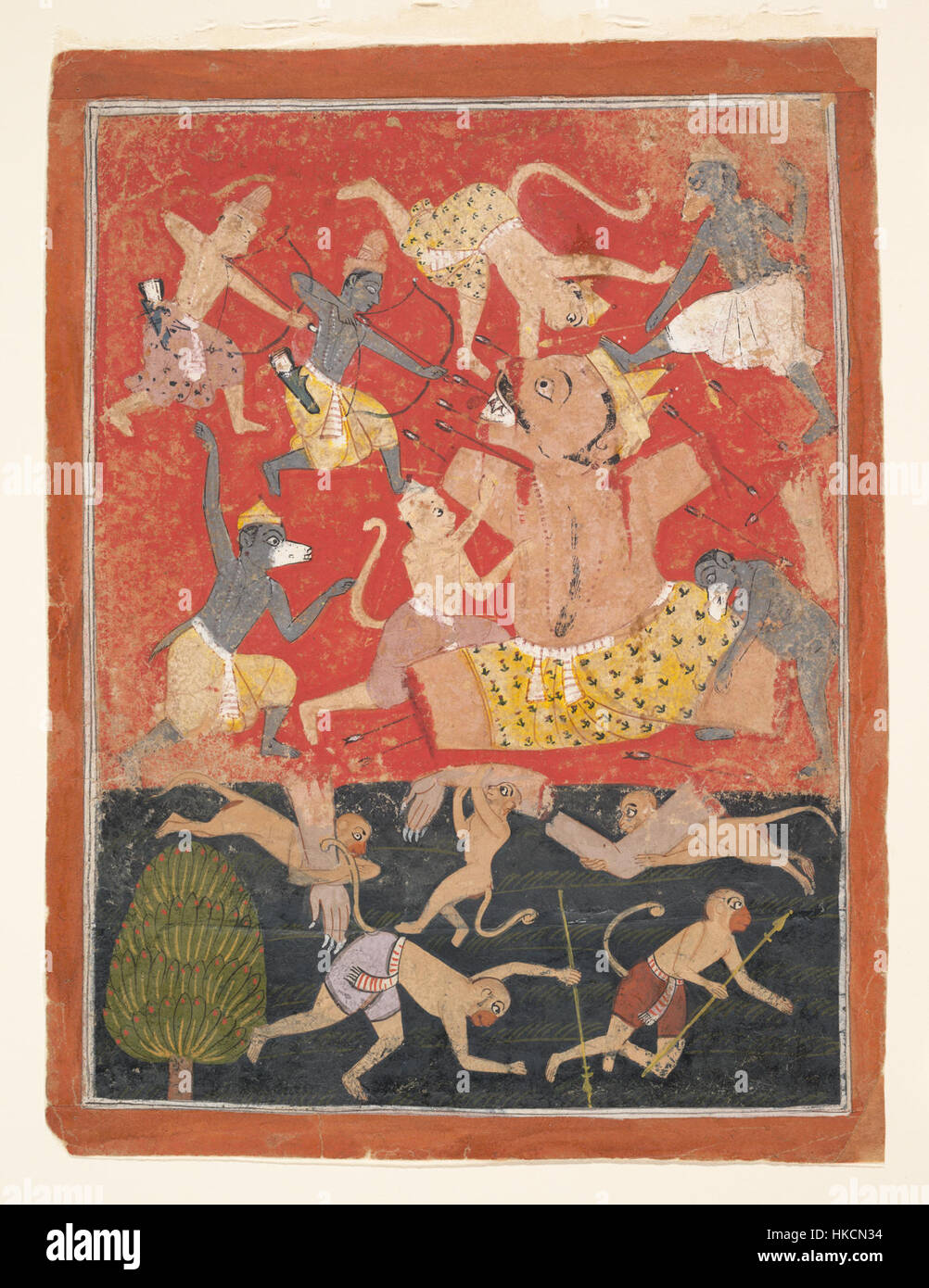 Questo dipinto raffigura la leggendaria battaglia dell'epica indù Ramayana, dove il demone Kumbhakarna viene sconfitto dagli eroici fratelli Rama e Lakshmana. La scena mette in evidenza la battaglia mitologica e il suo significato culturale. Foto Stock