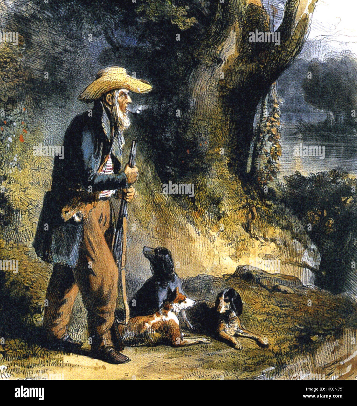 Questo dipinto di Karl Bodmer raffigura Charles Alexandre Lesueur, un grande viaggiatore, in un ambiente forestale. Creata tra il 1832 e il 1834, l'opera d'arte cattura l'essenza dell'esplorazione del XIX secolo, evidenziando i contributi di Lesueur alle spedizioni scientifiche. Foto Stock