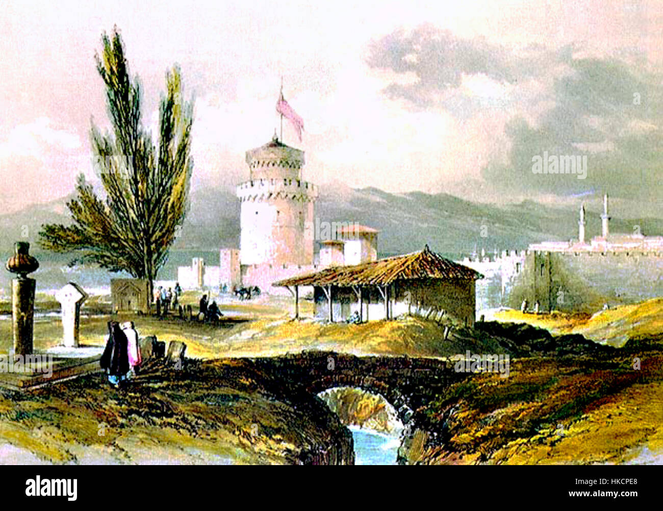 La Torre Bianca, una struttura del XIX secolo, si erge come un importante punto di riferimento storico. Questa opera d'arte rappresenta la sua architettura e il contesto storico che la circonda, riflettendo il significato culturale e architettonico del periodo. Foto Stock