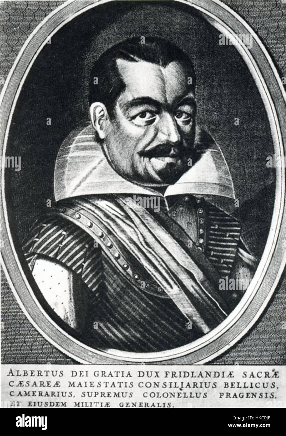 Questa incisione, 'Wallenstein Hondius 1625', è una rappresentazione del leader militare del XVII secolo Albrecht von Wallenstein. L'opera mette in evidenza le tecniche di incisione dettagliate del periodo e funge da importante testimonianza storica delle figure militari europee. Foto Stock
