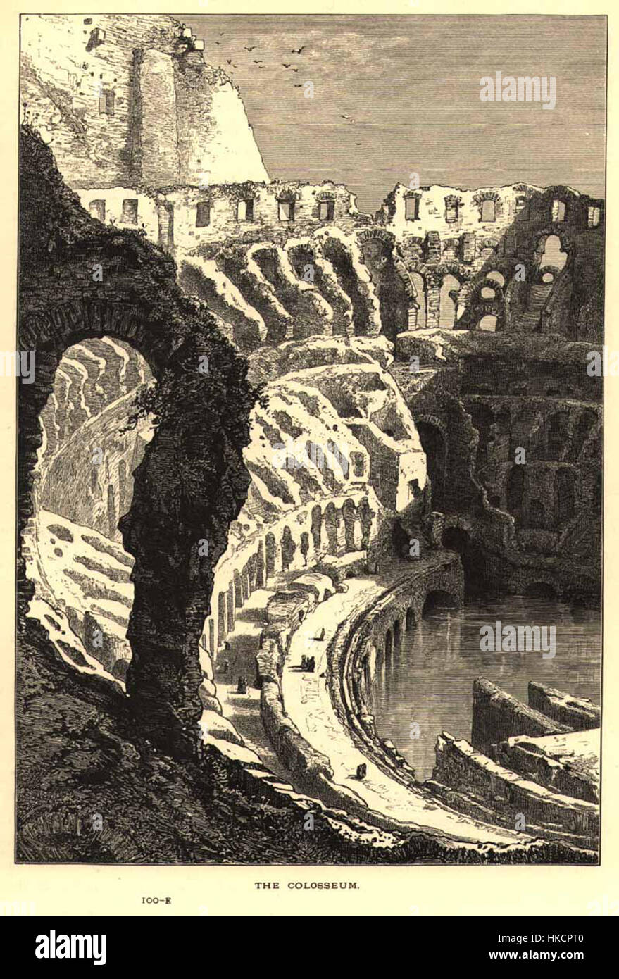 Questa incisione del 1878 del Colosseo, creata da Josiah Wood Whymper dopo un'opera di Harry Fenn, cattura la grandezza dell'antico anfiteatro di Roma. L'opera d'arte mostra le interpretazioni del XIX secolo delle rovine classiche. Foto Stock