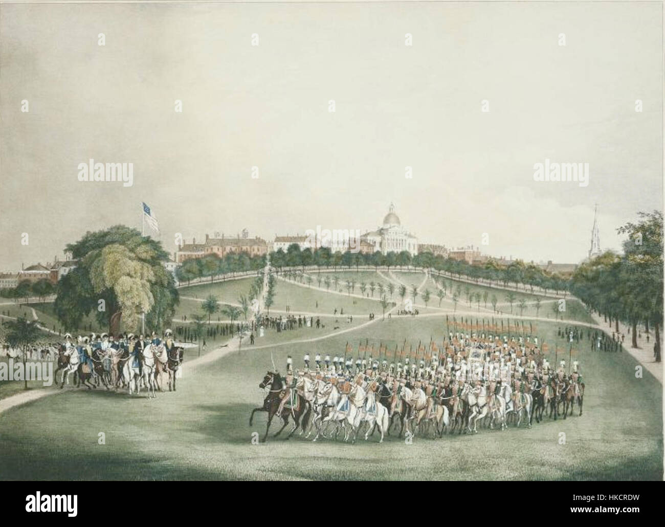 Il dipinto del 1837 di Charles Hubbard dei National Lancers sul Boston Common cattura un momento storico nella storia militare americana. Questo dipinto ad olio mette in risalto i National Lancers, un'importante unità di cavalleria all'inizio del XIX secolo. Foto Stock