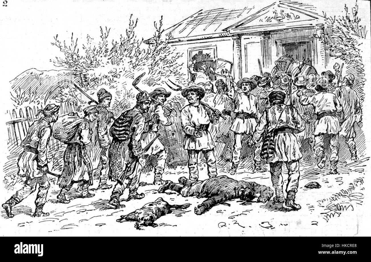 Questa opera d'arte raffigura i disordini del 1888 in Romania, concentrandosi sull'omicidio di un ricco agricoltore e sul successivo saccheggio della sua casa. Il dipinto cattura l'intensità dei disordini sociali durante questo periodo della storia rumena. Foto Stock