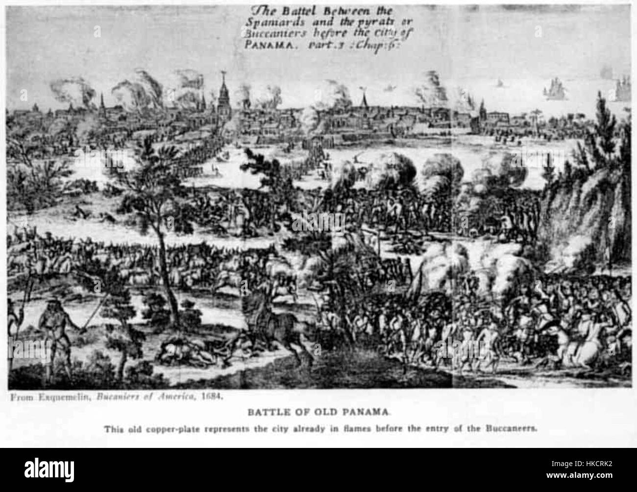 Questo dipinto storico raffigura l'attacco del famoso pirata Henry Morgan a Panama nel XVII secolo. La scena mostra l'audace incursione di Morgan, evidenziando la natura feroce della pirateria durante questo periodo. Foto Stock
