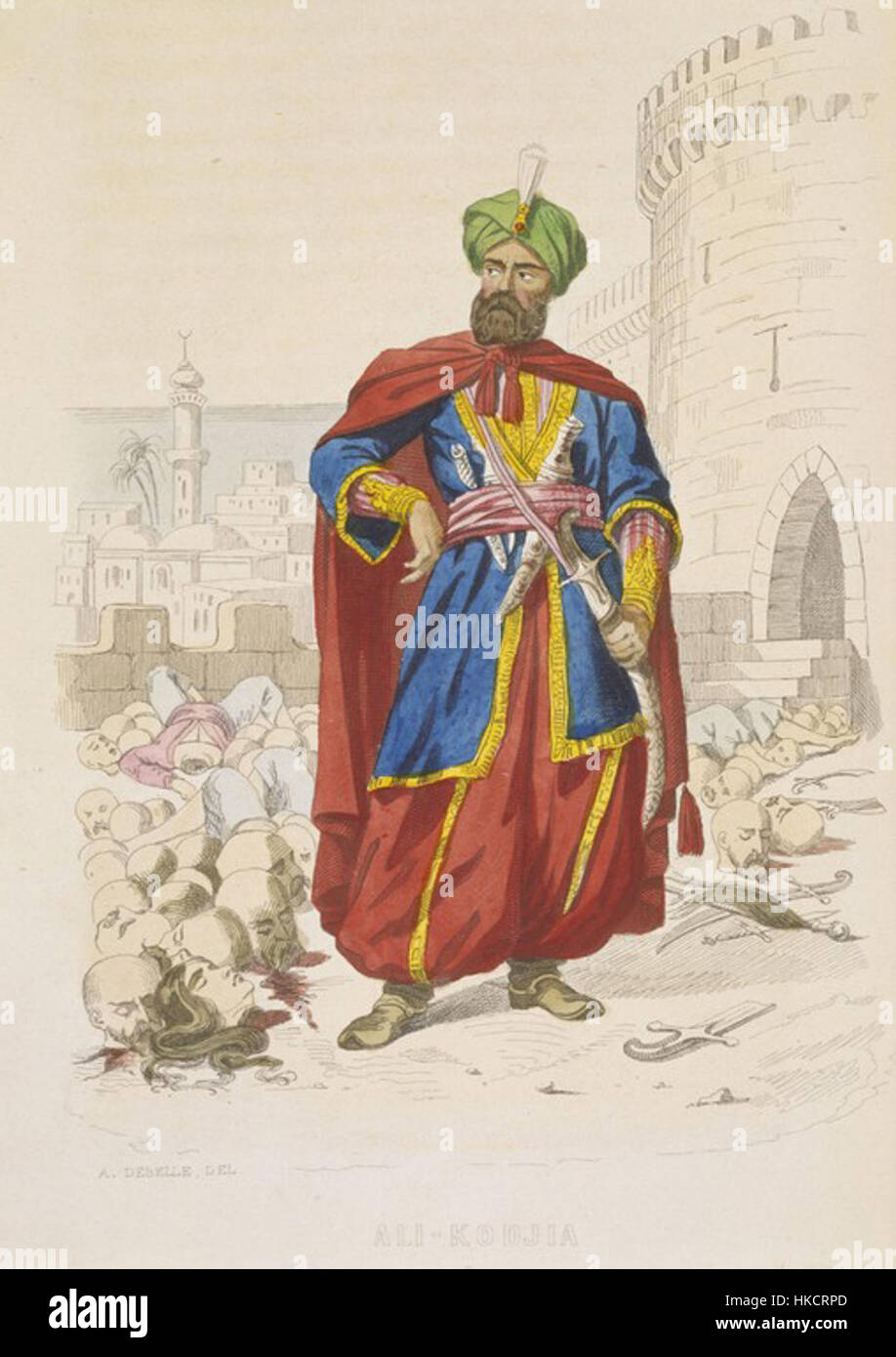 Ali Khoja, righello di Algeri 1817 1818, risplende in un turbante verde e indossando una bella spada, è circondato dalle teste tagliate dei vinti nemici dopo il bombardamento del 1816 (C19) Foto Stock