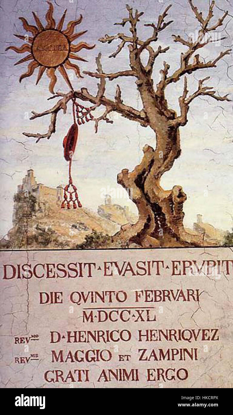 "Affresco contro il Card. Alberoni' è un affresco nel Palazzo pubblico di San Marino, raffigurante il confronto tra il cardinale Alberoni e figure politiche. L'affresco è significativo per il suo commento storico e politico, dipinto in stile classico. Foto Stock