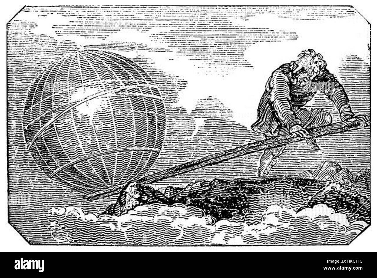 Questo disegno illustra il principio della leva di Archimede, un concetto fondamentale in fisica che dimostra il vantaggio meccanico ottenuto dalla leva. Foto Stock