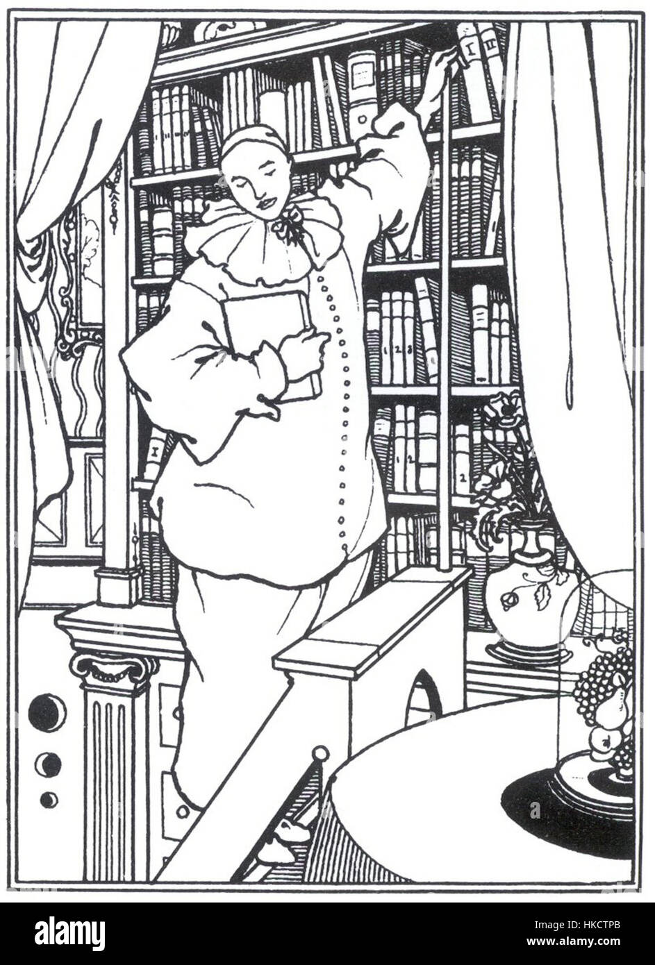 "Pierrot 1" di Aubrey Beardsley è un'impressionante illustrazione in bianco e nero della fine del XIX secolo, che mostra il suo caratteristico stile Art Nouveau. L'immagine raffigura Pierrot, un personaggio della Commedia dell'Arte, raffigurato con intricati linework e un senso di dramma, tipico delle iconiche illustrazioni di Beardsley per la letteratura e il teatro. Foto Stock