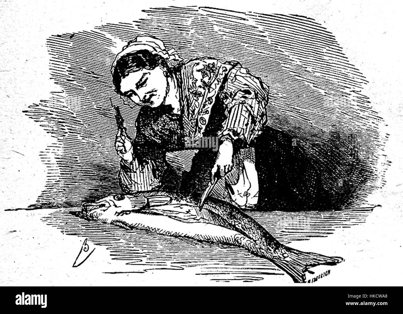 Questa illustrazione di Bertall ritrae una scena di *Intrepide Soldat de Plomb*, raffigurante un soldato di latta in un momento umoristico e stravagante mentre interagisce con una scena di cucina. Il pezzo è caratterizzato dal suo tono satirico e giocoso. Foto Stock