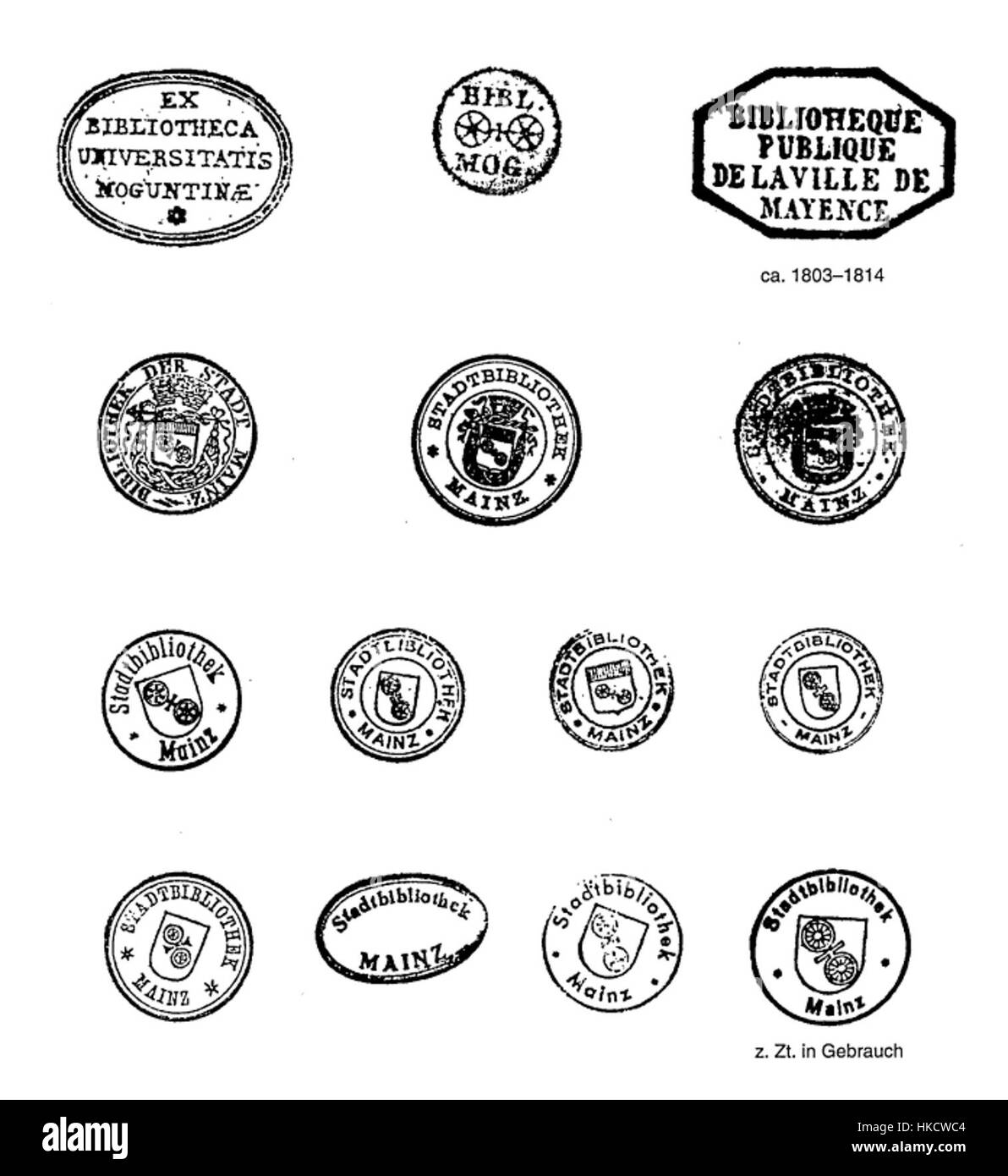 La Bibliotheksstempel Mainz si riferisce al francobollo della biblioteca utilizzato a Magonza, in Germania. Questo francobollo indica l'importanza delle biblioteche durante il primo periodo moderno e fa parte della storia della cultura del libro in Europa. Foto Stock