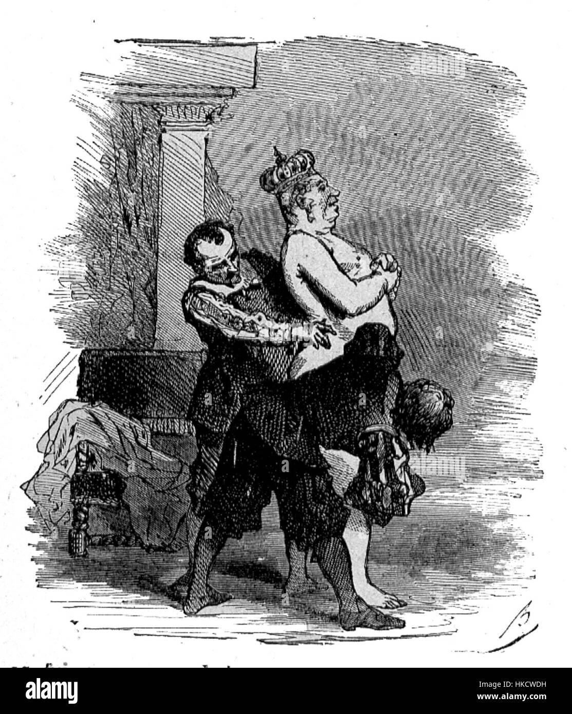 L'illustrazione di Bertall per "Les Habits Neufs du Grand Duc" presenta una rappresentazione satirica della moda, evidenziando l'assurdità del nuovo abbigliamento del granduca. L'opera riflette l'umorismo francese del XIX secolo e il commento sociale. Foto Stock