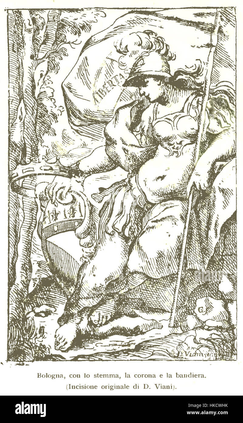 Questo dipinto raffigura Bologna con il suo stemma, la corona e la bandiera, simboleggiando la ricca storia della città e la sua importanza nel periodo medievale e rinascimentale. Lo stemma rappresenta l'identità civica della città, mentre la corona e la bandiera sottolineano il suo status e l'autonomia durante il periodo della sua creazione. L'importanza storica di Bologna come centro culturale e intellettuale si riflette in questa opera d'arte. Foto Stock