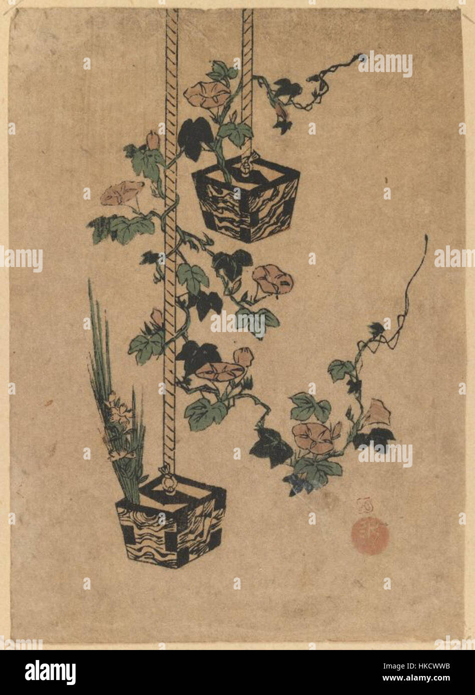Una stampa raffigurante due scatole di fiori in legno, ospitate nella collezione del Brooklyn Museum. Questo pezzo riflette il design semplice ma elegante degli elementi del giardino che spesso si trovano negli spazi domestici e pubblici dell'arte storica. Foto Stock