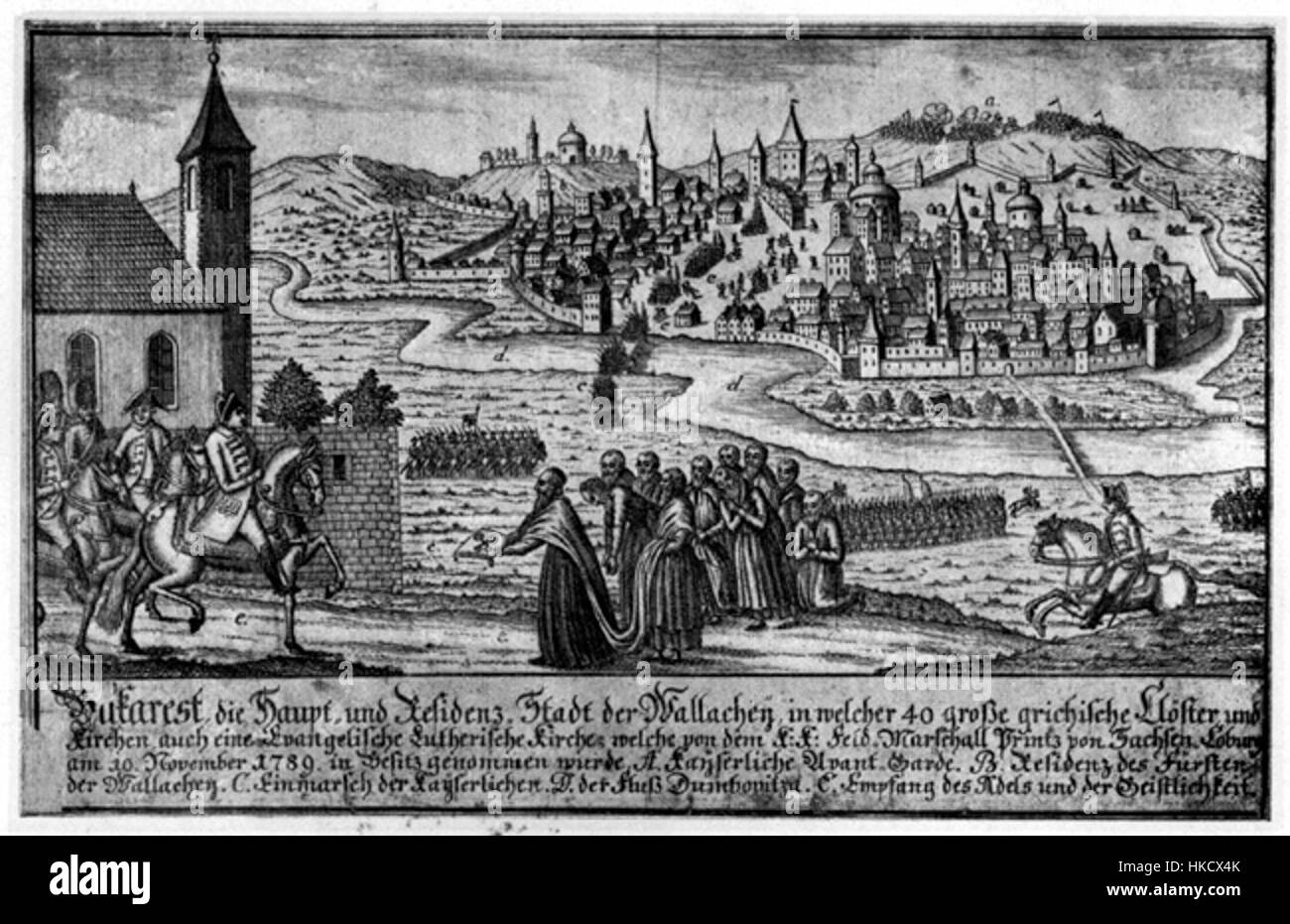 Un'incisione su legno del 1789 di Bucarest, che cattura l'architettura e il paesaggio della città alla fine del XVIII secolo, fornendo un'istantanea storica della capitale rumena. Foto Stock