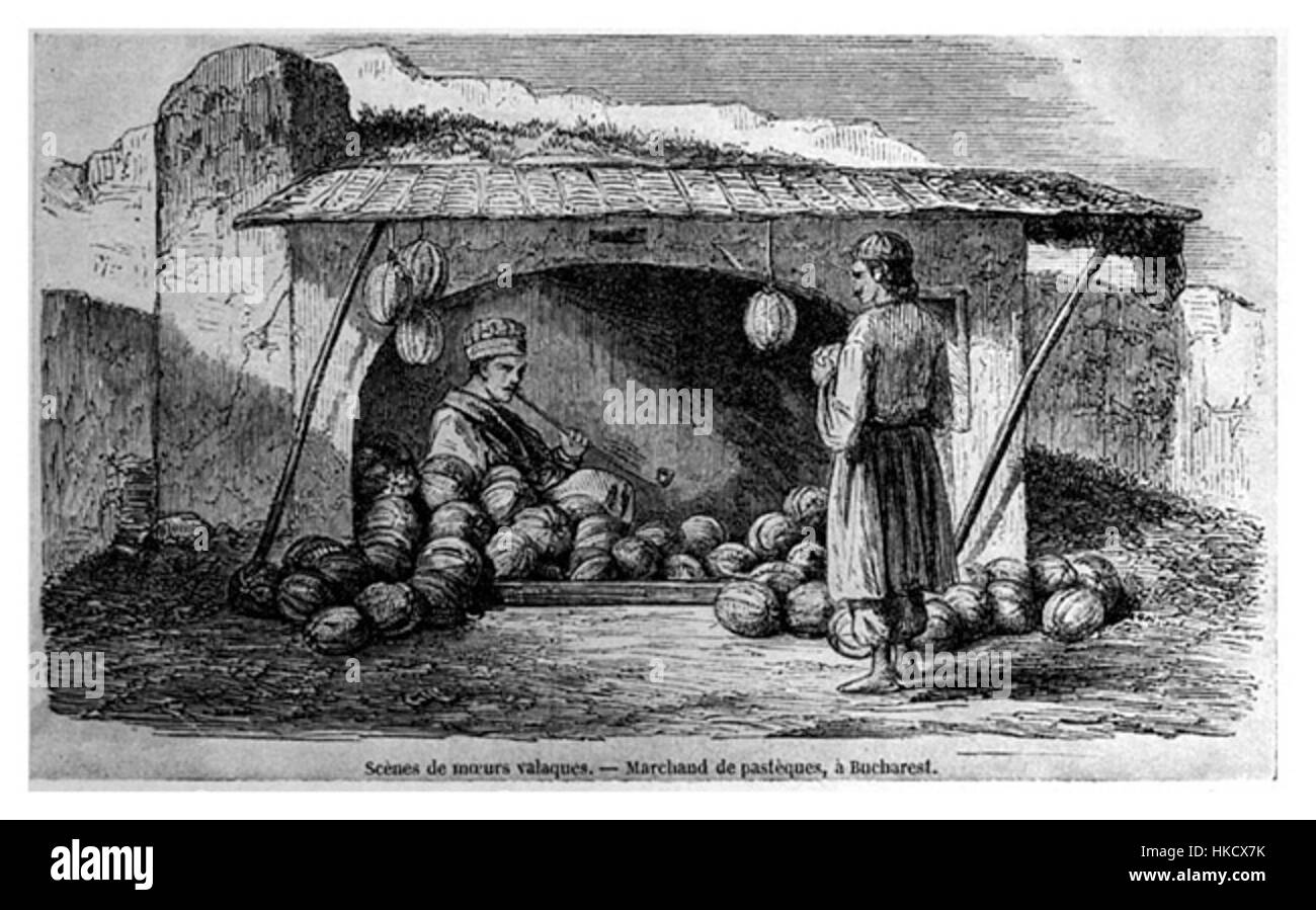 Un dipinto del 1842 che presenta un venditore di angurie a Bucarest, Romania, catturando la vivacità della vita urbana durante il XIX secolo, con un mercante locale che vende prodotti sulle strade della città. Foto Stock