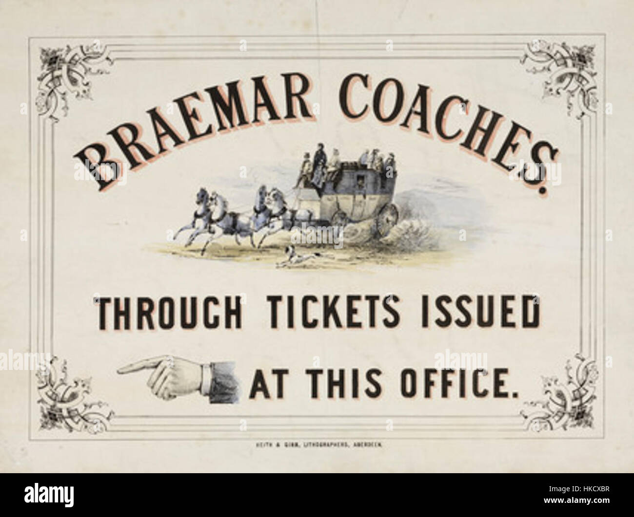 Questo poster d'epoca del XIX secolo mostra i pullman Braemar, un servizio di autobus storico. Mette in evidenza il significato del viaggio in pullman durante gli anni '1800 in Gran Bretagna, un modo di trasporto popolare durante l'epoca. Foto Stock