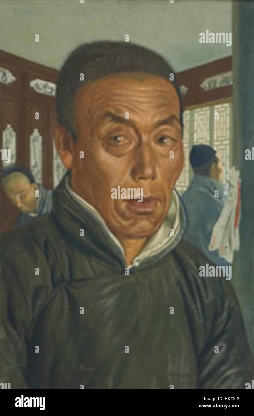 Il "mercante cinese" di A. Yakovlev è un ritratto che cattura l'essenza del commercio orientale durante il XIX secolo. Il dipinto ritrae il mercante in abiti ricchi, riflettendo lo scambio culturale tra Cina ed Europa durante questo periodo. Foto Stock