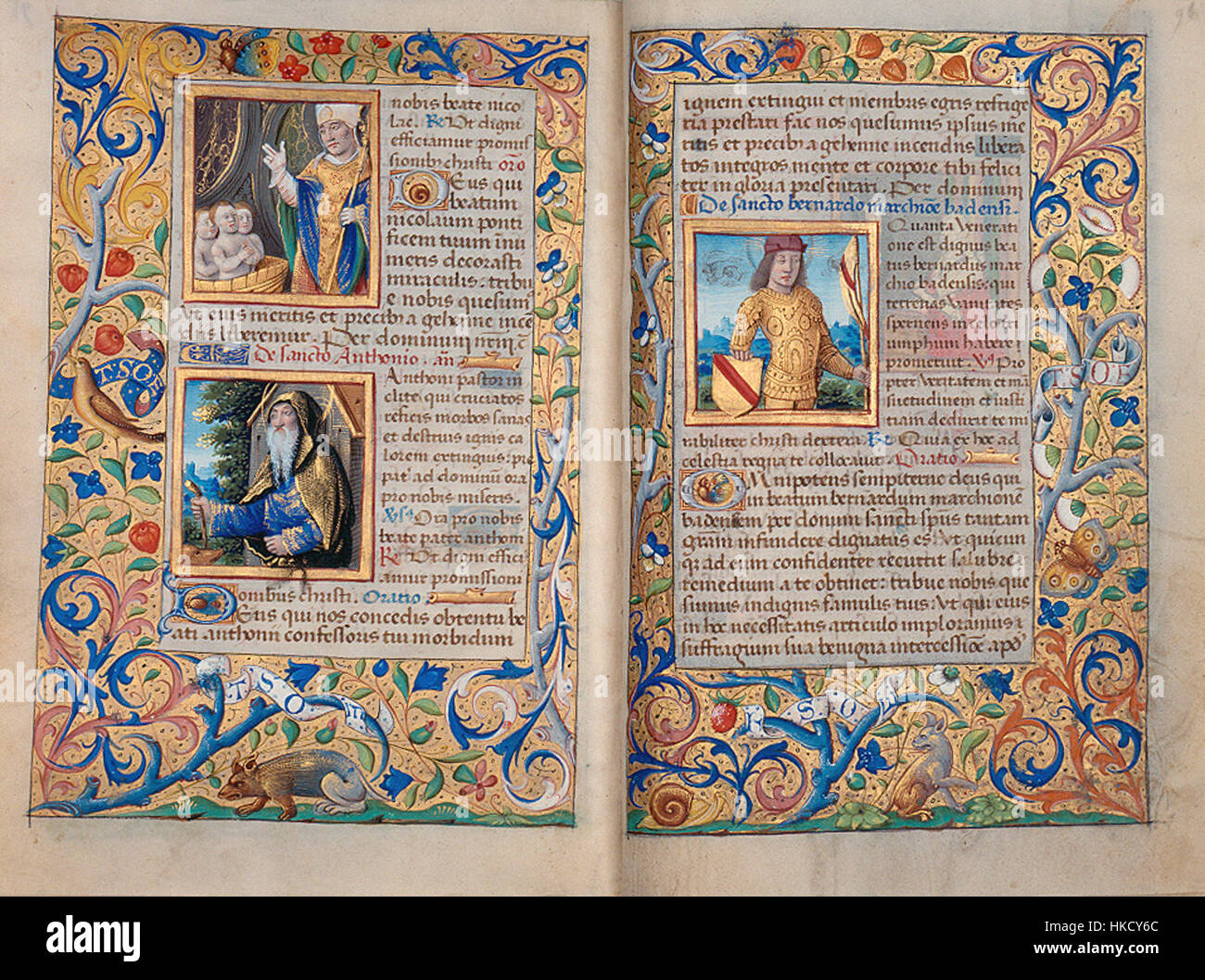 Il Codex Durlach è un manoscritto miniato del periodo medievale. Le pagine 95v e 96r presentano intricate illustrazioni religiose, che dimostrano l'arte e la devozione dei creatori di manoscritti medievali. Foto Stock