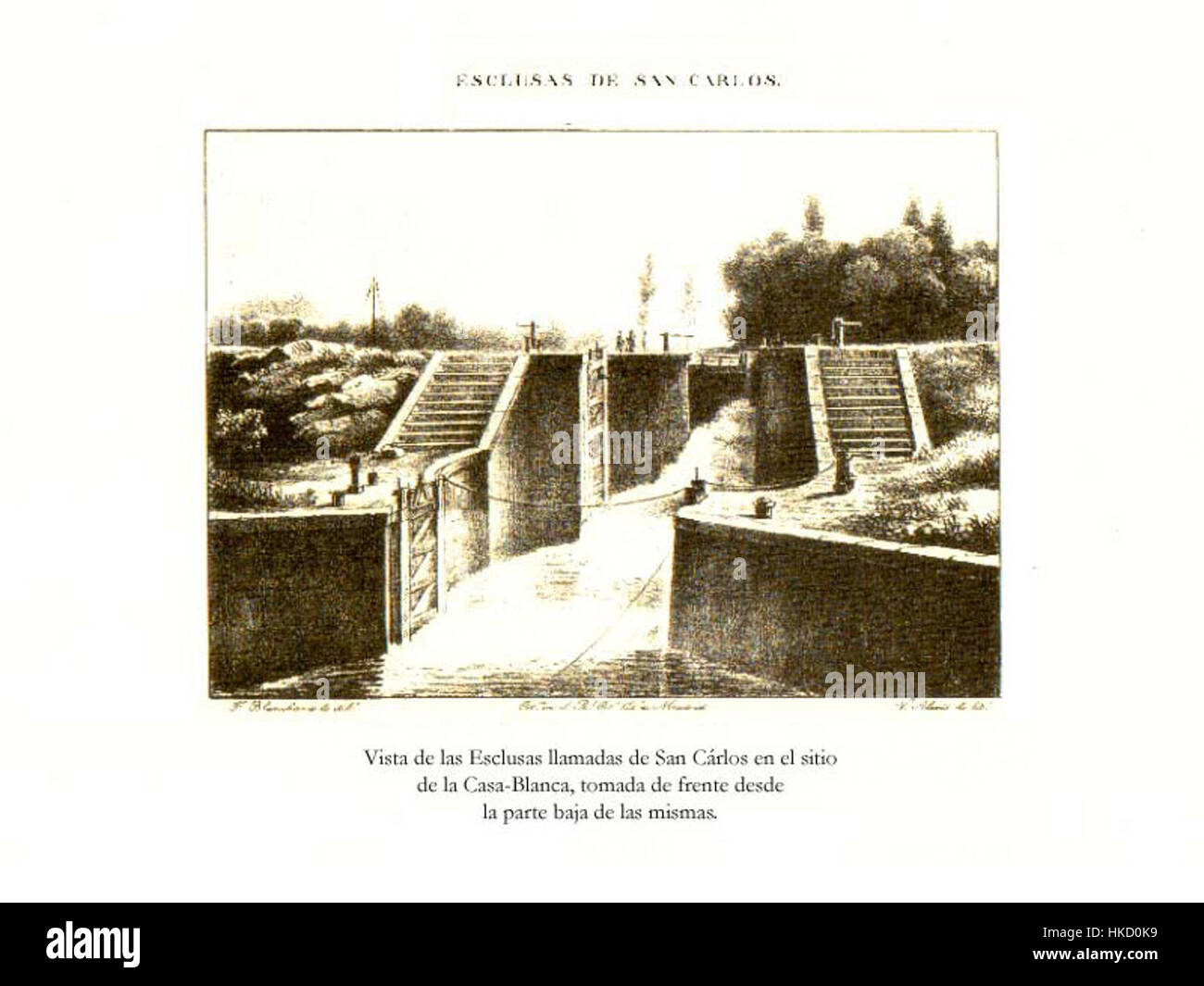 Questo dipinto raffigura le *Esclusas de San Carlos*, una serie di serrature situate in Spagna. L'opera d'arte sottolinea l'intricata ingegneria e architettura coinvolta nella costruzione di queste chiuse, che erano una parte importante dei sistemi di trasporto e irrigazione della Spagna. Foto Stock