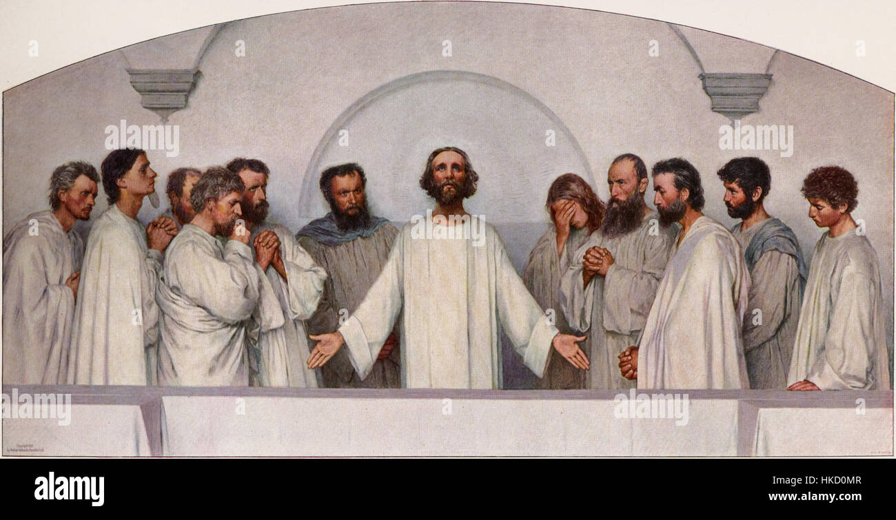"DAS hohepriesterliche Gebet" di Eugene Burnand raffigura Cristo che prega nel Giardino del Getsemani, un momento di profondo significato religioso. Il dipinto cattura la profondità emotiva della solitudine e della preghiera di Cristo prima della sua crocifissione. Foto Stock