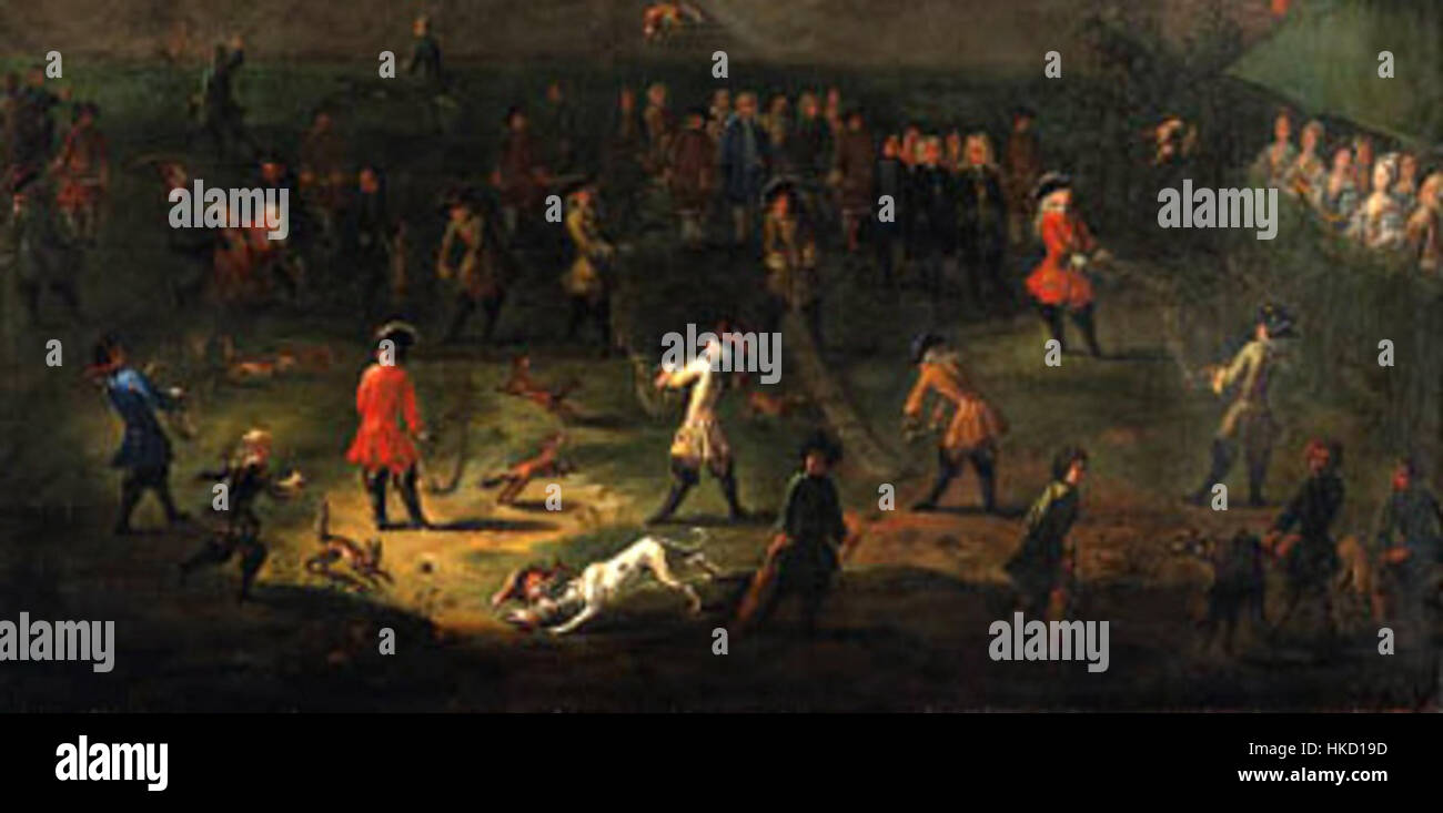 Il "lancio della volpe" è una rappresentazione artistica che illustra la pratica storica e controversa in cui le volpi venivano lanciate in aria durante i festival o l'intrattenimento. L'opera d'arte ritrae questo evento, sottolineando il contrasto tra la crudeltà e lo spettacolo che ha creato in passato. Foto Stock