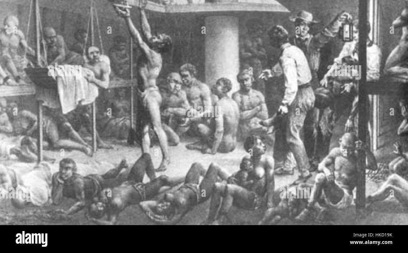 "Esclavos en Sudamerica" (schiavi in Sud America) è un dipinto storico che illustra la situazione degli schiavi in Sud America durante il periodo coloniale. L'opera d'arte cattura la sofferenza umana e il lavoro forzato che ha plasmato l'economia e la storia della regione. Foto Stock