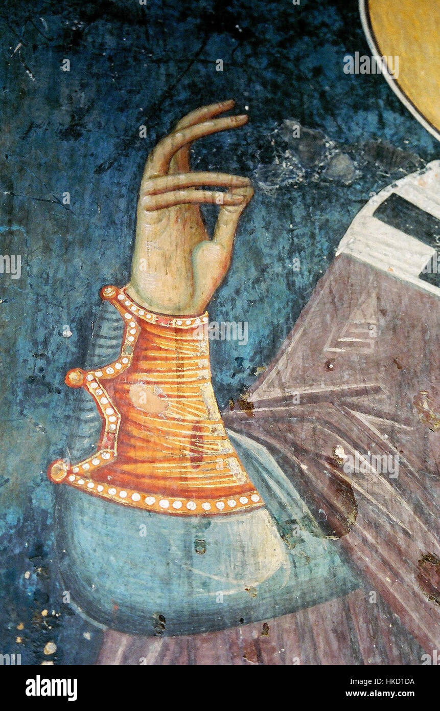 Questi affreschi della Chiesa Michele Arcangelo di Lesnovo, Macedonia del Nord, risalgono al XIV secolo e sono famosi per le loro vivide raffigurazioni di storie bibliche. Gli affreschi sono un bell'esempio di arte religiosa in stile bizantino. Foto Stock