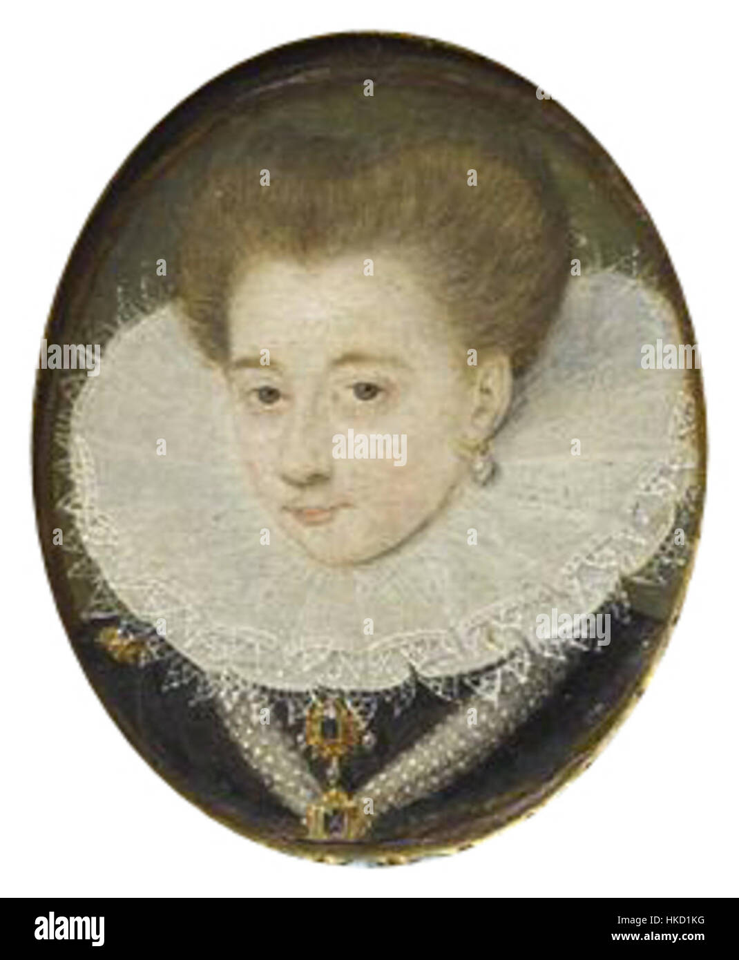 Un dipinto in miniatura di Gabrielle d'Estrées che cattura l'eleganza e lo stile della nobildonna francese. L'opera d'arte mostra dettagli raffinati tipici della ritrattistica in miniatura del periodo. Foto Stock Un dipinto in miniatura di Gabrielle d'Estrées che cattura l'eleganza e lo stile della nobildonna francese. L'opera d'arte mostra dettagli raffinati tipici della ritrattistica in miniatura del periodo. Foto Stock