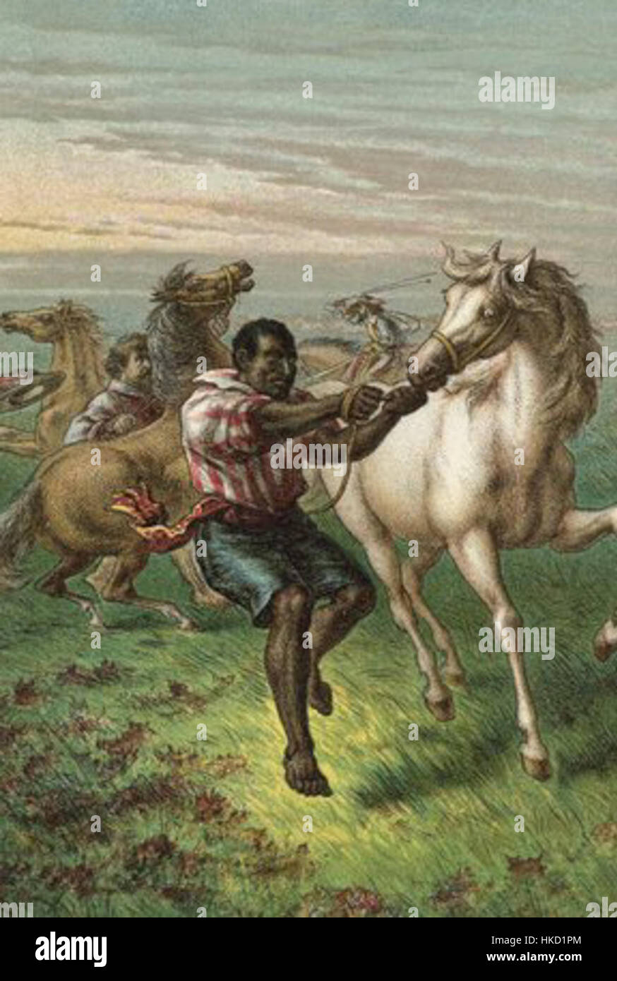 Questo dipinto raffigura la scena drammatica dei soldati di Garibaldi che rompono cavalli selvaggi, catturando l'intensità e l'azione del momento. L'opera d'arte evidenzia il significato storico delle campagne militari di Garibaldi e della sua leadership. Foto Stock