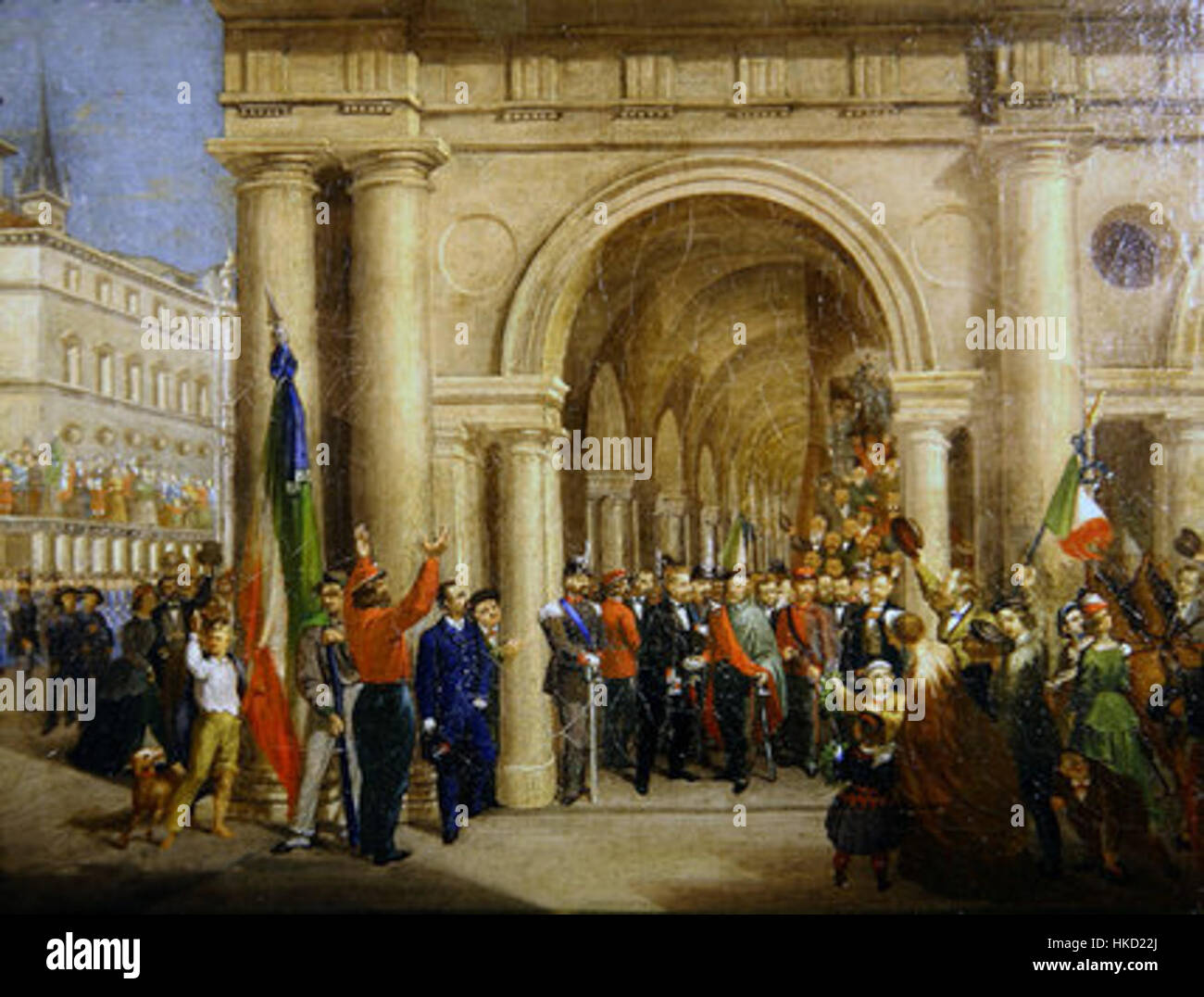 Questo dipinto ad olio ritrae Giuseppe Garibaldi durante la sua visita a Vicenza il 7 marzo 1867. L'opera d'arte cattura un momento significativo nella storia italiana, raffigurando Garibaldi, la figura rivoluzionaria di spicco. Foto Stock