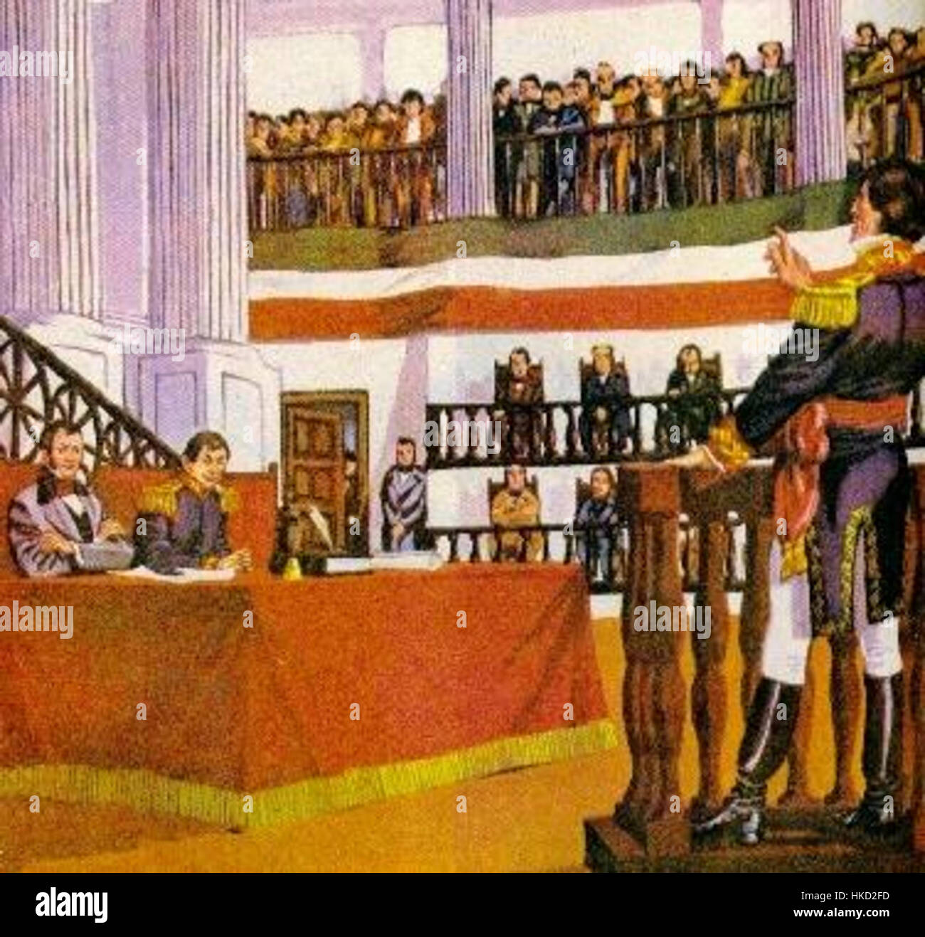 Questa opera d'arte rappresenta il momento storico in cui Guadalupe Victoria e Nicolás Bravo parteciparono al Congresso, svolgendo ruoli chiave nei primi movimenti indipendentisti messicani. Le loro azioni hanno contribuito a plasmare l'identità nazionale del Messico e il futuro governo. Foto Stock