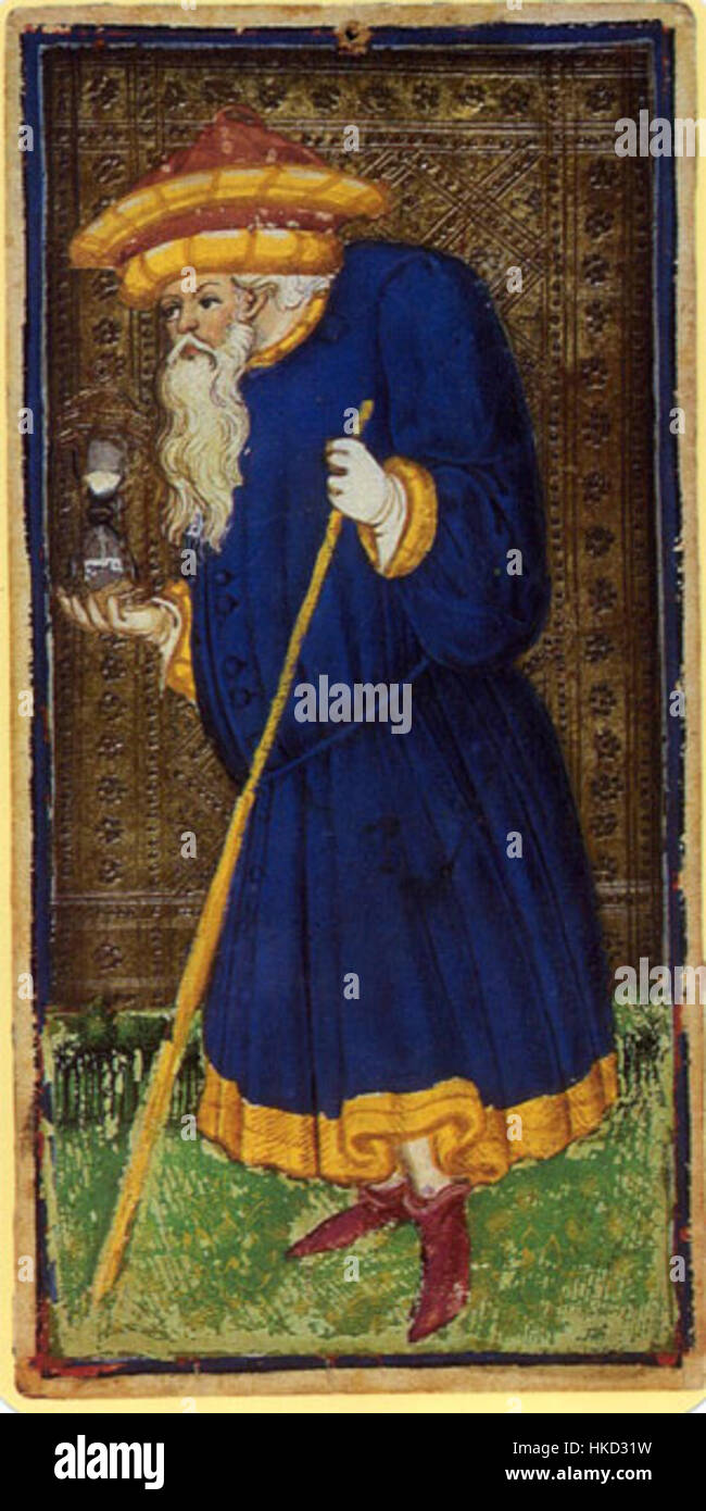 Quest'opera rappresenta una carta di tarocchi del mazzo Visconti Sforza, raffigurante l'Eremita. L'immagine è un esempio significativo di arte tartaruga medievale, nota per le sue illustrazioni dettagliate e la rappresentazione simbolica. Foto Stock