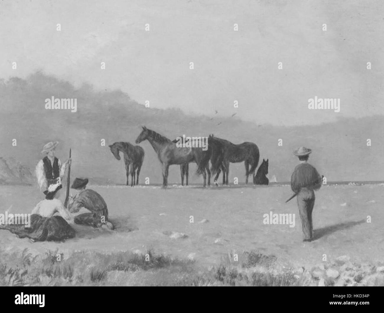 "Horses and Hunters by the Sea", un dipinto ad olio del 1850 di John Amory Codman, di 22,86 x 31,11 cm, parte della collezione del Museum of fine Arts di Boston. Foto Stock