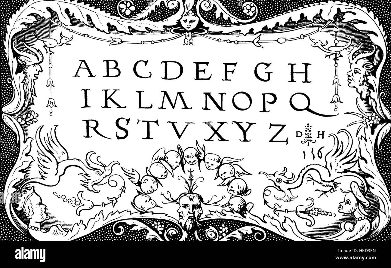 L'Hopfer Hornbook è uno strumento educativo del XVI secolo, usato per insegnare ai bambini lettere e lettura di base. Questo lavoro illustrato, creato da Hans Hopfer, presenta un disegno dell'alfabeto ed è uno dei primi esempi sopravvissuti di materiale educativo stampato. Foto Stock
