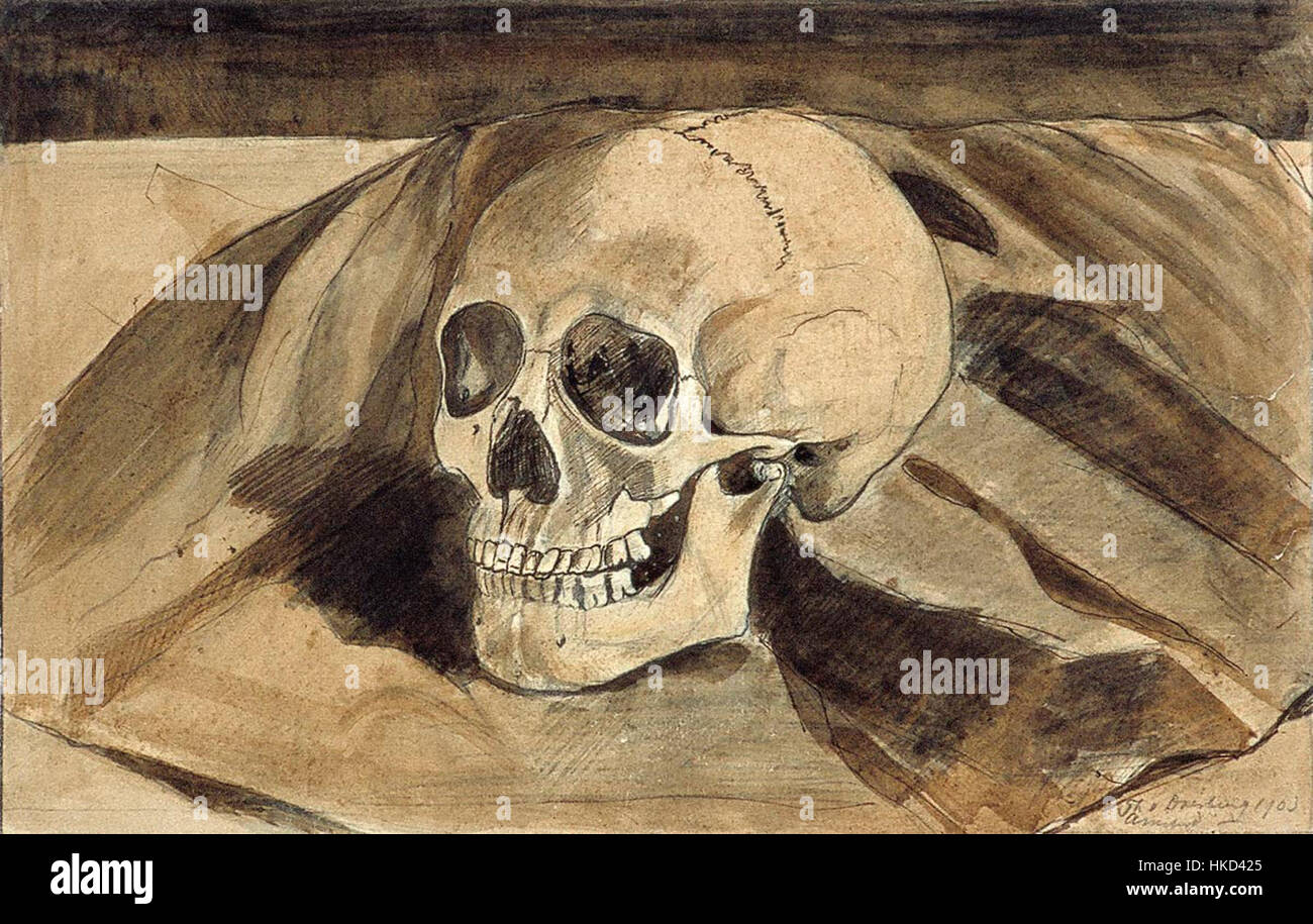 Un dipinto di natura morta di Theo van Doesburg con un teschio. Questo lavoro esemplifica l'esplorazione dell'astrazione geometrica dell'artista e l'uso di oggetti di uso quotidiano nell'arte, riflettendo i movimenti d'avanguardia dell'inizio del XX secolo. Foto Stock