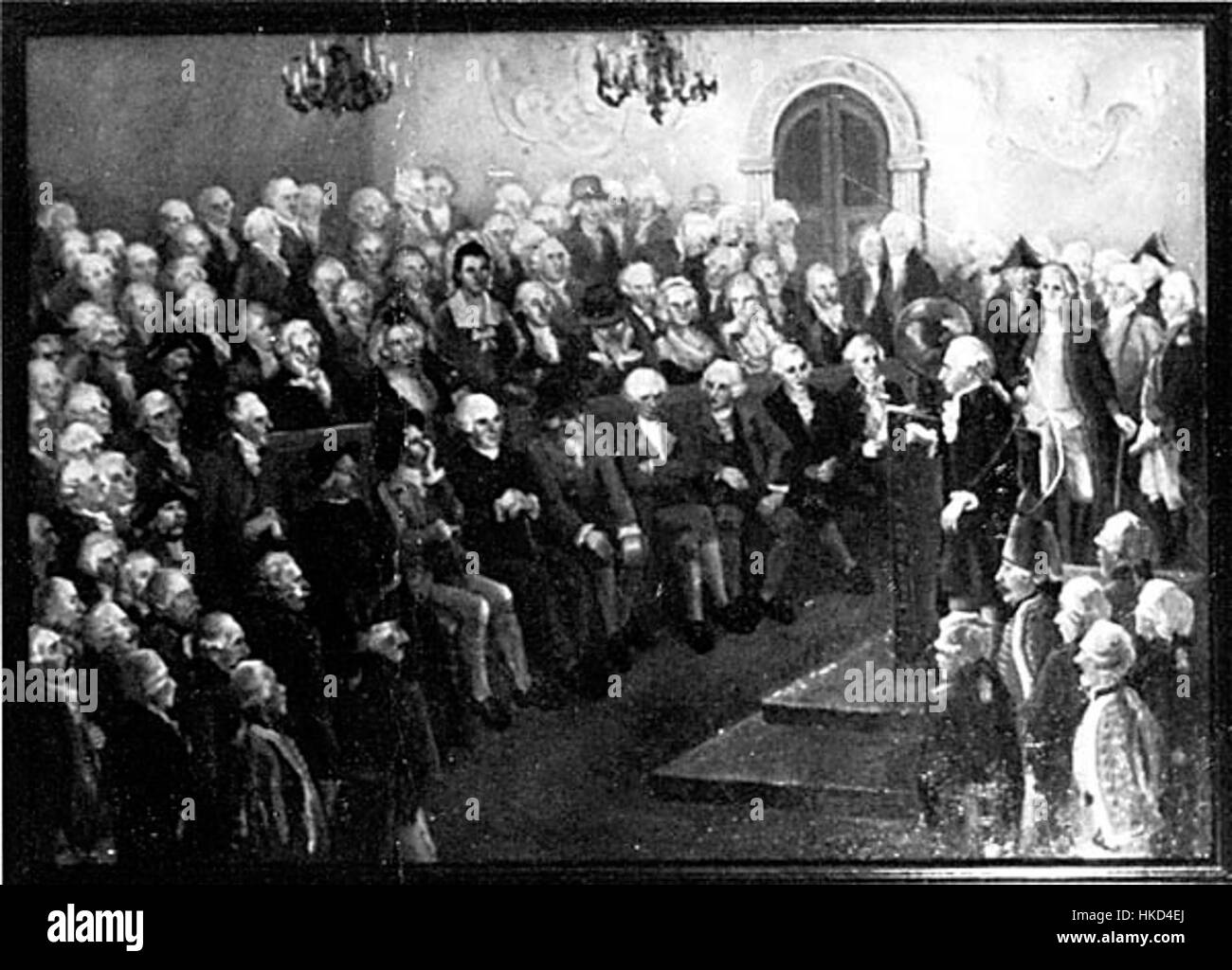 Questo dipinto mostra il filosofo Immanuel Kant che tiene lezioni davanti a un pubblico. L'opera d'arte cattura l'atmosfera intellettuale della filosofia del XVIII secolo, riflettendo il ruolo di Kant nel plasmare la filosofia moderna e la sua influenza sul pensiero occidentale. Foto Stock