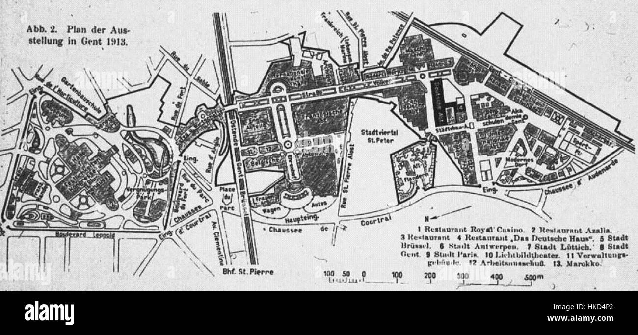 Questa mappa dell'esposizione mondiale del 1913 a Gand, Belgio, illustra il layout e le mostre presentate durante l'evento. La mappa offre una prospettiva storica sul grande evento internazionale, mostrando le dimensioni e la portata dell'esposizione. Foto Stock