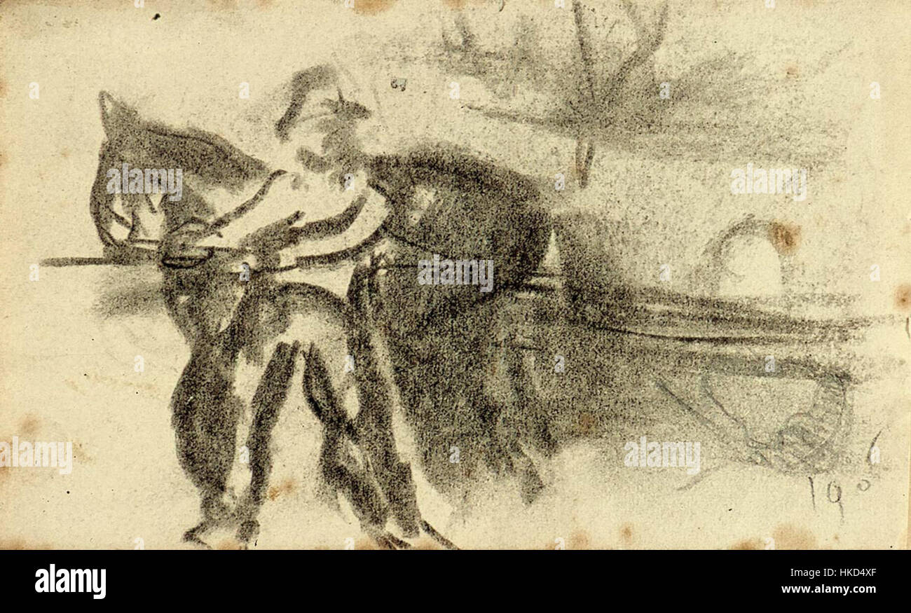 Questa opera d'arte del XIX secolo raffigura un uomo con un cavallo e una carrozza, forse in un ambiente rurale o urbano. La figura mostra l'interazione con il metodo di trasporto del periodo, evidenziando la modalità di trasporto storica. Foto Stock