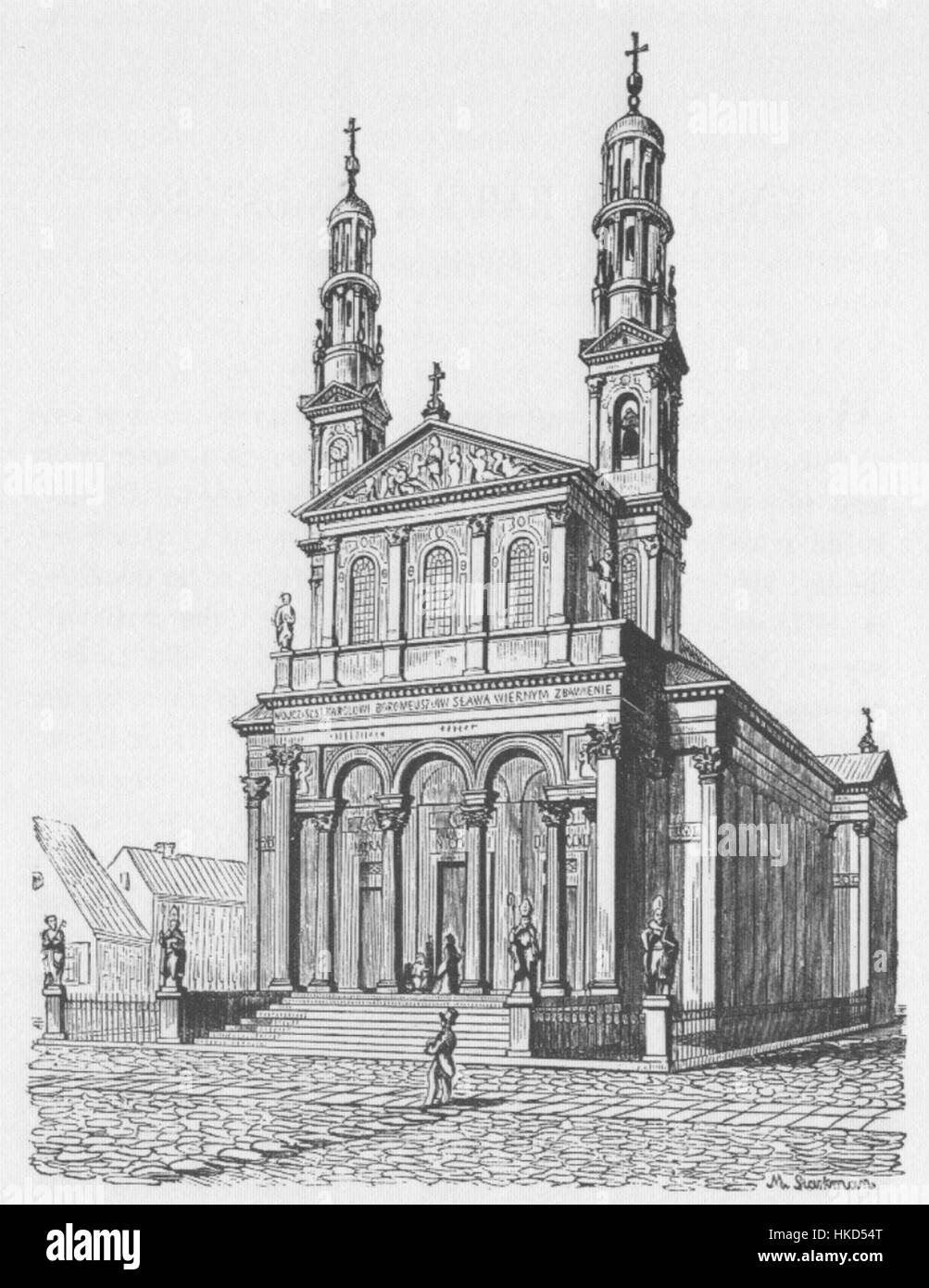 Questa opera d'arte religiosa intitolata "Koscol Boromeusza Chlodna" presenta la chiesa di San Carlo Borromeo in Polonia. Il pezzo riflette lo stile neoclassico e il focus architettonico dell'epoca, mostrando la struttura della chiesa e il significato religioso. Foto Stock