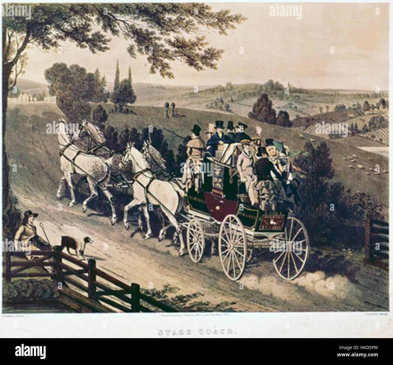 Questo dipinto raffigura l'iconico percorso della diligenza da Londra a Brighton nel 1822. Mette in risalto il pullman trainato da cavalli che viaggia attraverso la campagna britannica, mostrando la storia dei trasporti e il ruolo delle diligenze nel XIX secolo. Foto Stock