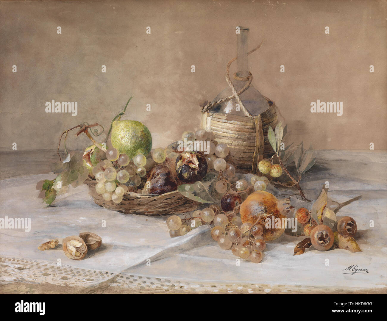 "Stilleben mit Obst und Chiantiflasche", dipinto da Marie Egner, è un bell'esempio di natura morta del XIX secolo. Il pezzo raffigura un'esposizione ben organizzata di frutta e una bottiglia di vino Chianti, mettendo in mostra l'abilità di Egner nel catturare la consistenza e la luce nel tradizionale genere STILL-Life. Foto Stock