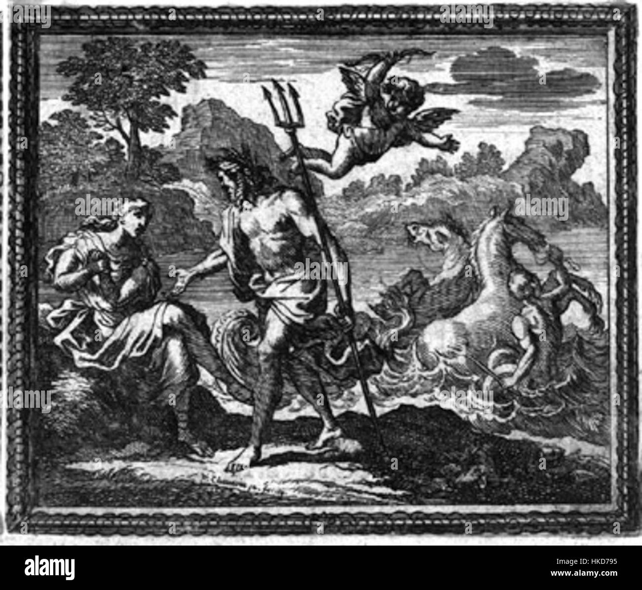 Questa opera d'arte ritrae Nettuno, il dio romano del mare, raffigurato con elementi mitologici tradizionali, che riflettono temi classici del potere e della natura in uno stile vintage. Foto Stock