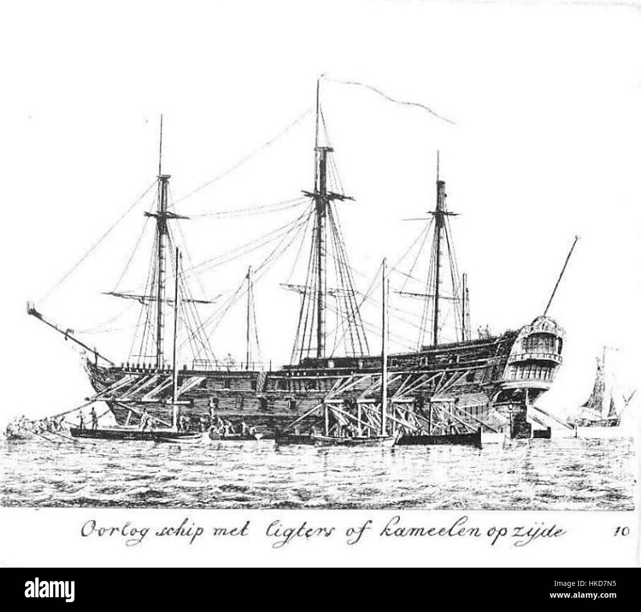 L'opera d'arte di Gerard Groenewegen "Oorlogsschip in Scheepskamelen" cattura una nave da guerra in un ambiente marittimo intenso. Il dipinto mette in evidenza la guerra navale, mostrando il potere e la struttura delle navi da guerra durante il periodo. Foto Stock