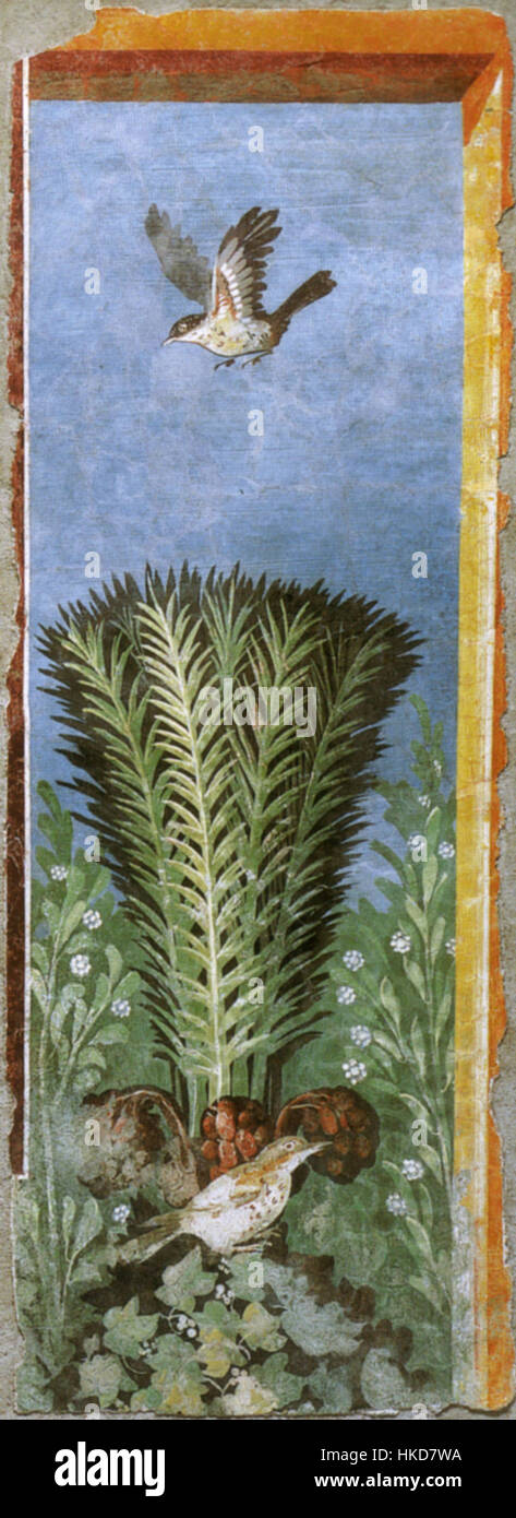 Questo pannello di pittura murale dell'area vesuviana, esposto al Museo Miho di Shiga, Giappone, riflette l'influenza artistica degli antichi affreschi romani trovati a Pompei. I colori vivaci del dipinto e le scene dettagliate offrono uno sguardo sulla vita domestica e pubblica dell'Impero Romano, illustrando temi della mitologia e della vita quotidiana nella regione. Foto Stock