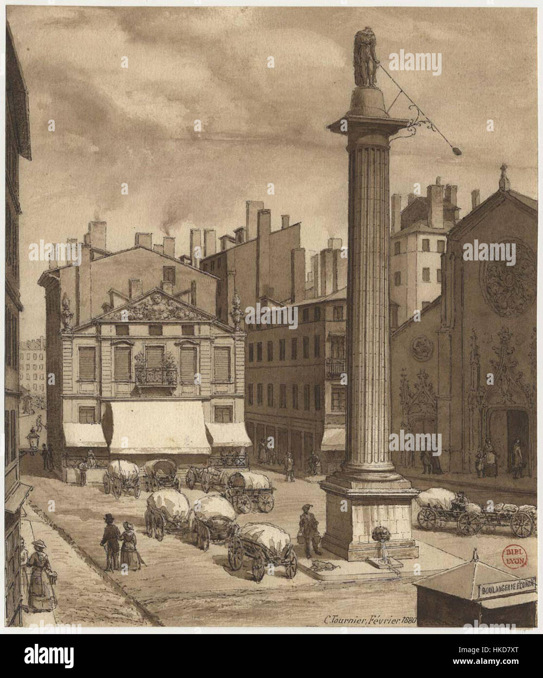 Il dipinto del 1880 di Place des Cordeliers cattura una vivace piazza di Parigi. L'opera d'arte ritrae le caratteristiche architettoniche e la vita quotidiana in uno dei famosi quartieri di Parigi durante la fine del XIX secolo. Foto Stock