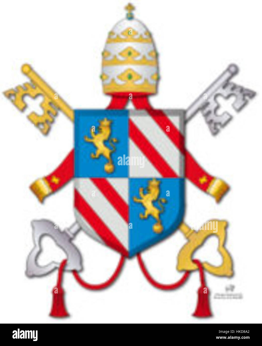 Il "Pio IX Blason" rappresenta lo stemma papale di Papa Pio IX, che riflette i simboli della Chiesa cattolica durante il suo papato. Il disegno araldico mostra elementi di autorità ecclesiastica e simboli personali del Papa. Foto Stock